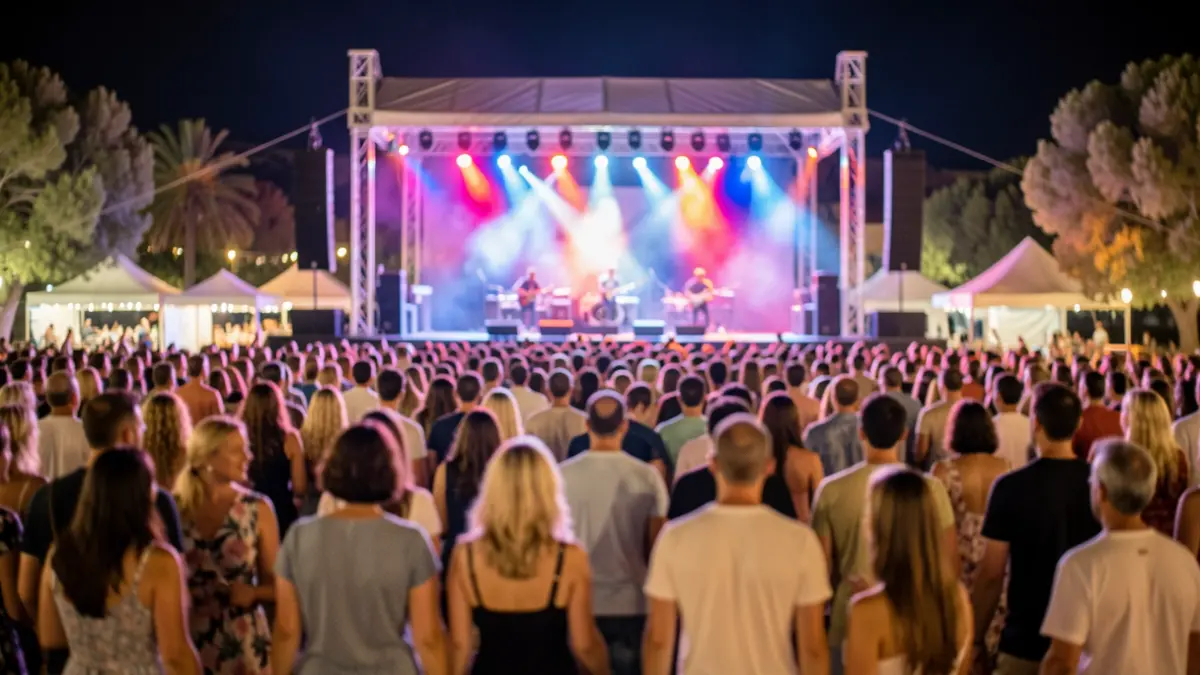 Generic image of a crowd at a night festival with colorful lights.