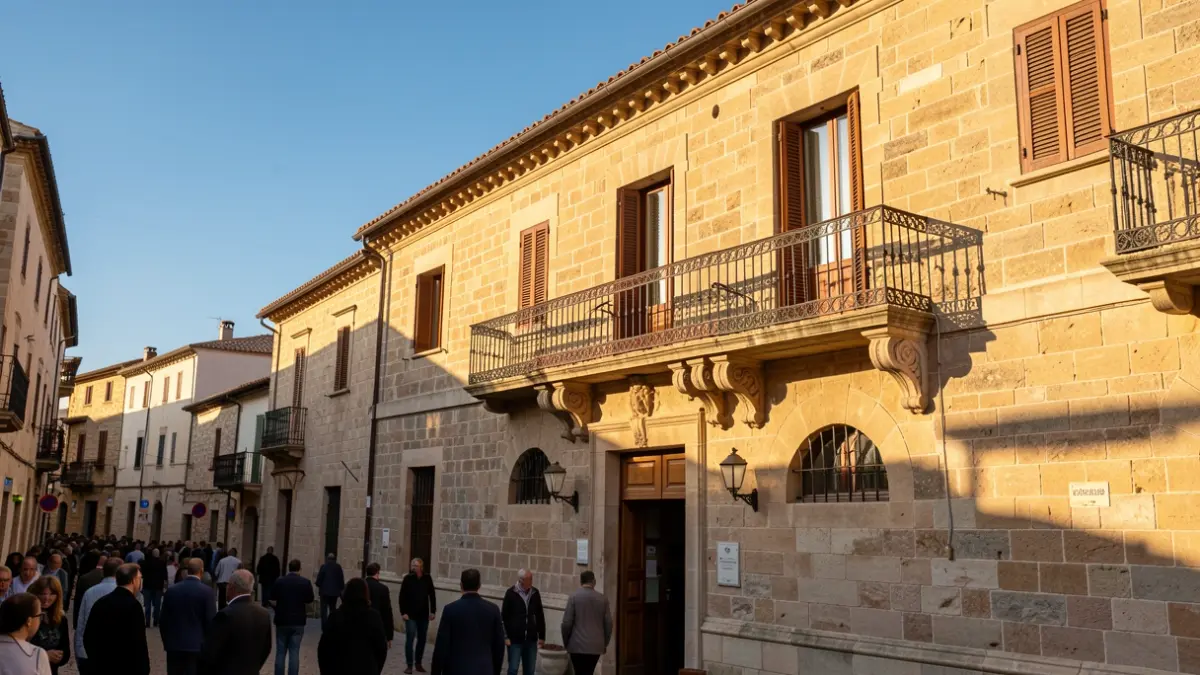 Imatge genèrica d'un edifici municipal amb balcó i baranes de ferro sota el sol de la vesprada.