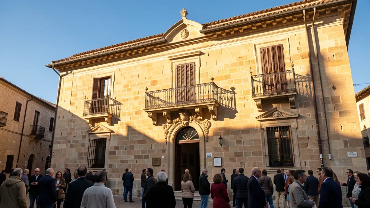 Image of a municipal building with a balcony and iron railings, illuminated by the afternoon sun.