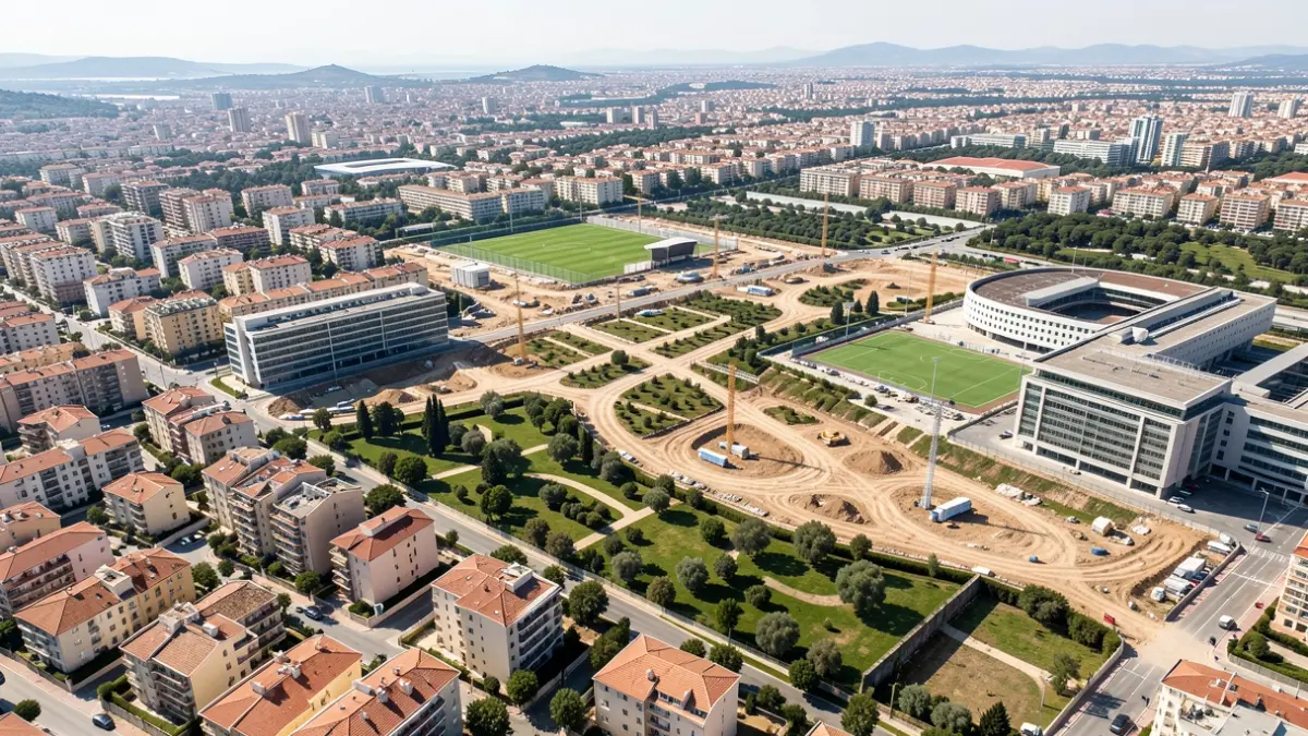 Vista aèria d'una gran zona de desenvolupament urbà a Alacant, amb edificis residencials, espais verds i obres.