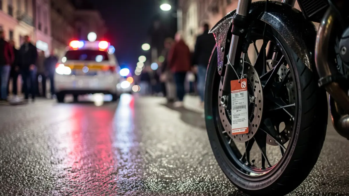 Generic image of a motorcycle wheel with a security tag, blurred emergency lights on wet asphalt.