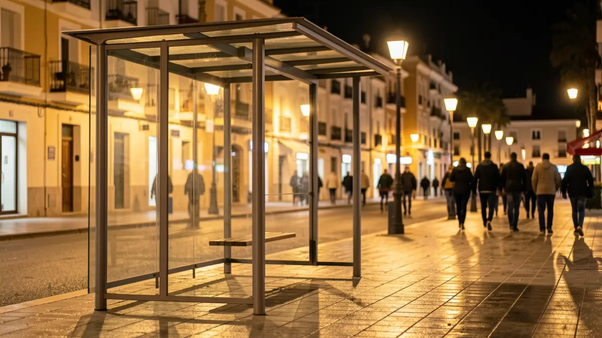Imatge genèrica d'una parada de bus nocturna a Elx.