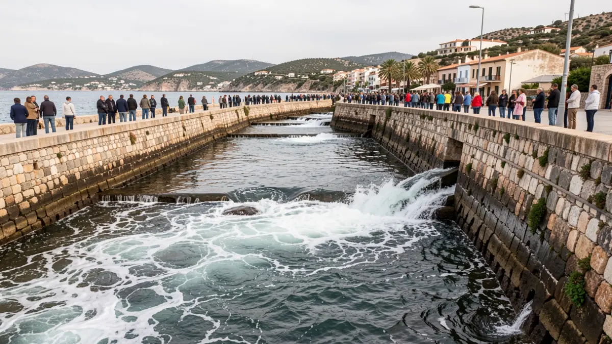 Vista del Canal de la Fontana en Xàbia con el nivel del mar bajo y fuertes corrientes.