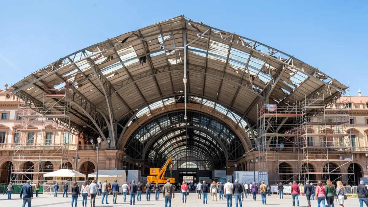 Imatge genèrica de la coberta del Mercat Central de València amb elements de reparació.