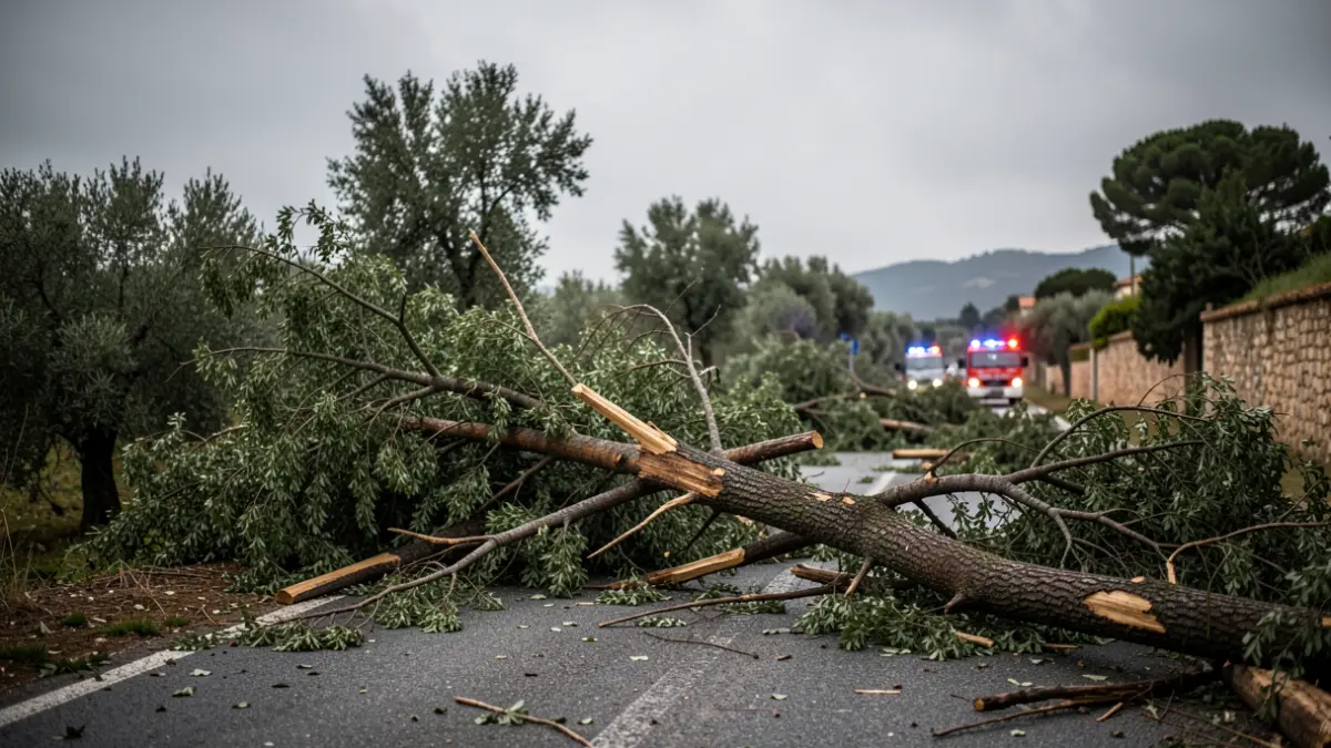 Imatge genèrica d'un paisatge afectat per una tempesta amb arbres caiguts.