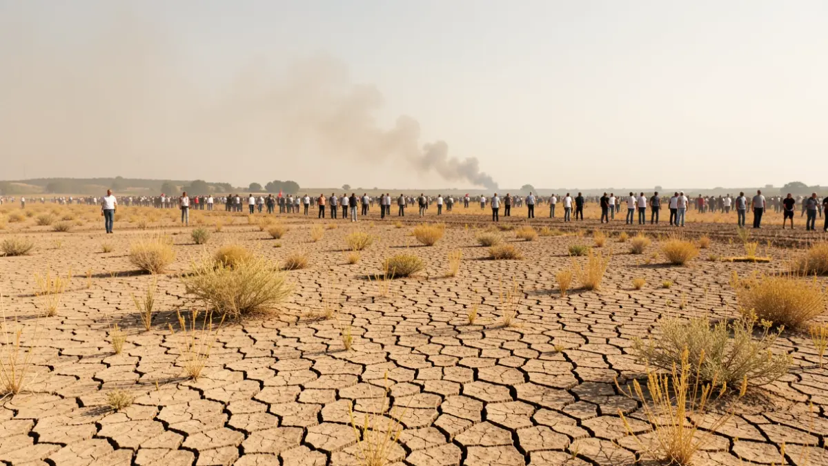 Generic image of wildfire risk with dry earth and smoke in the background.