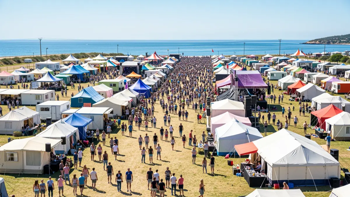 Imagen genérica de una ciudad efímera de tiendas de campaña e infraestructuras para un festival.