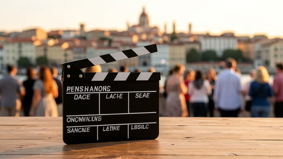 Imatge genèrica d'una claqueta de cinema davant d'un paisatge urbà mediterrani.