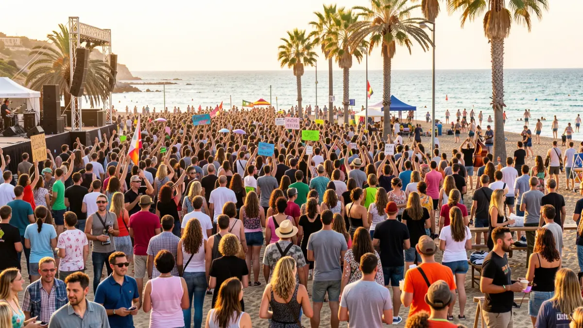 Generic image of a beach music festival with a crowd and cultural elements.
