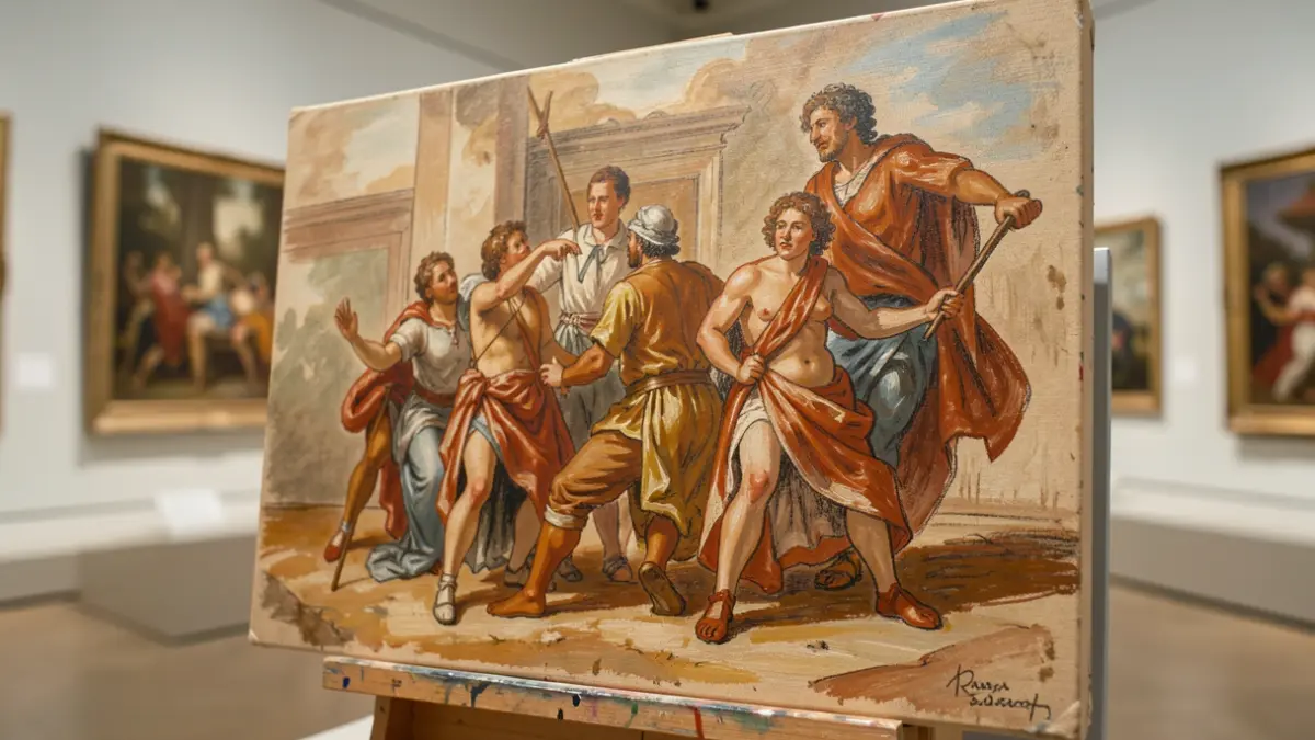 Imagen de un boceto al óleo de estilo barroco, con figuras y tonos terrosos.