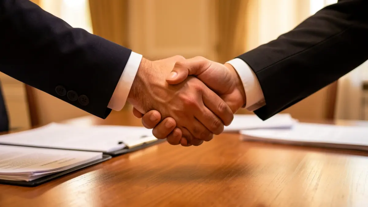 Generic image of two hands shaking over a table with documents, symbolizing international cooperation.