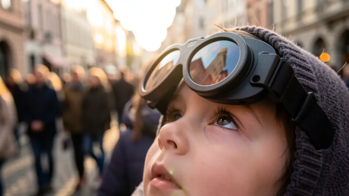 Generic image of a child looking at the sky with protective eclipse glasses.