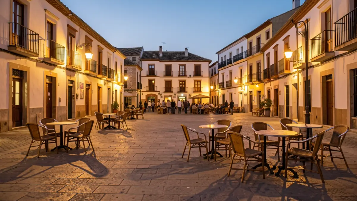 Generic image of a Valencian town square at dusk with street furniture.