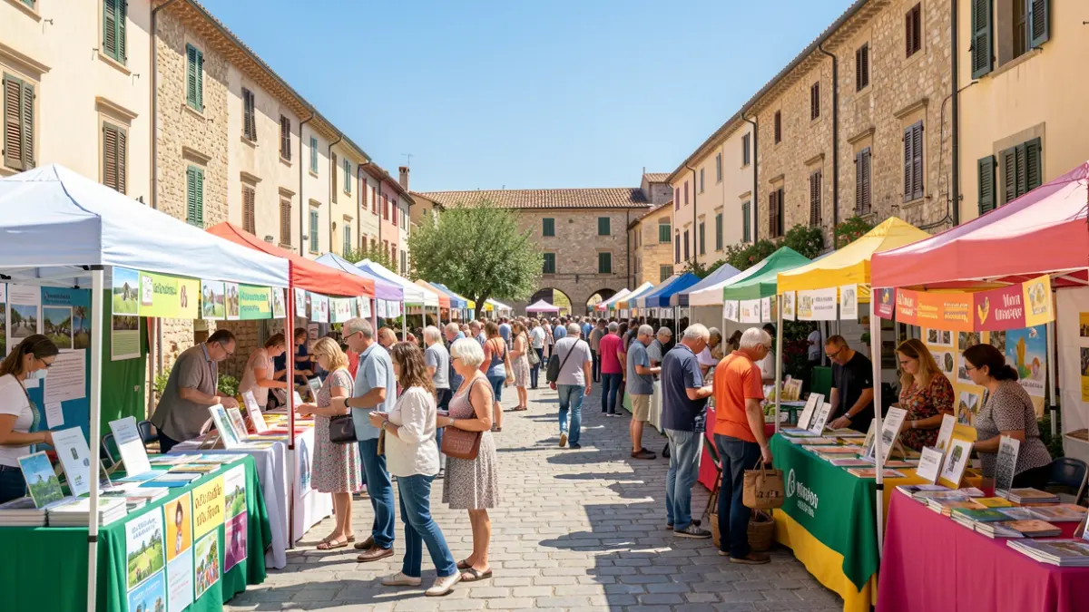 Imatge genèrica d'una fira associativa en una plaça de poble mediterrani.