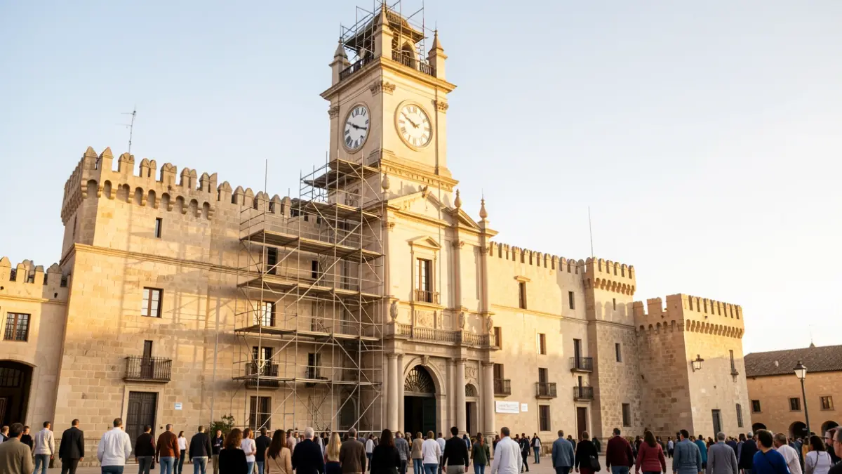 Image of the clock tower of the Castillo Fortaleza in Santa Pola, which requires restoration.