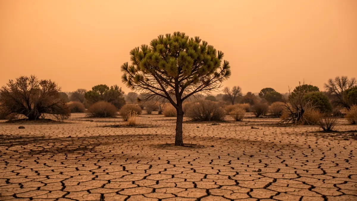Imatge genèrica de risc extrem d'incendis forestals amb terra seca i cel taronja.