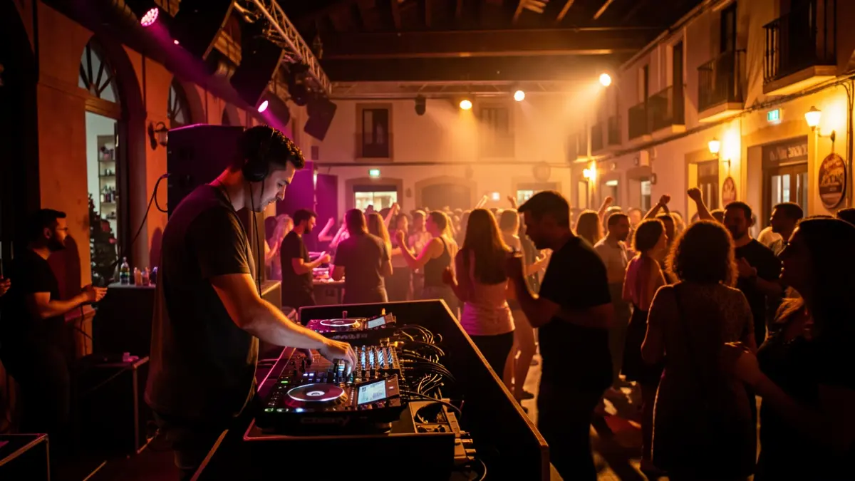 Image of a music venue in Valencia's Carmen neighborhood with a DJ and people dancing.