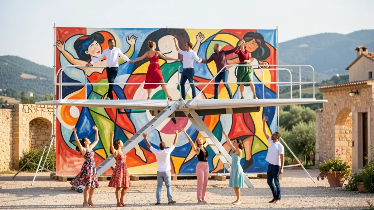 Generic image of an outdoor contemporary dance performance with abstract stage elements.