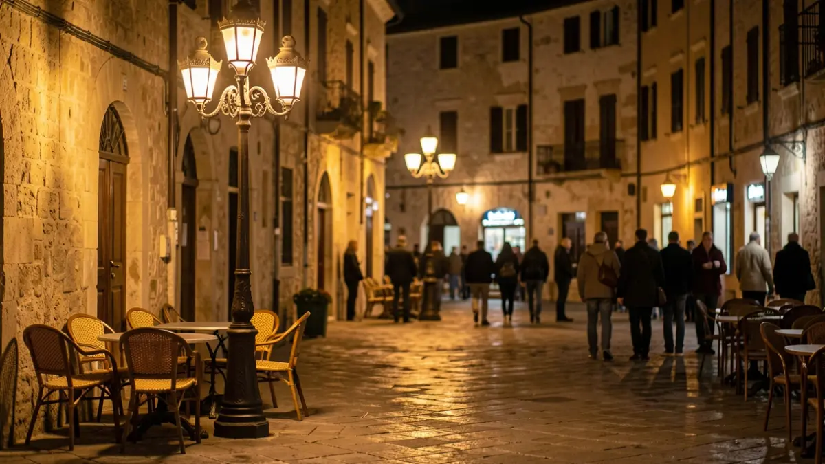 Generic image of a Mediterranean city square at night with streetlights.