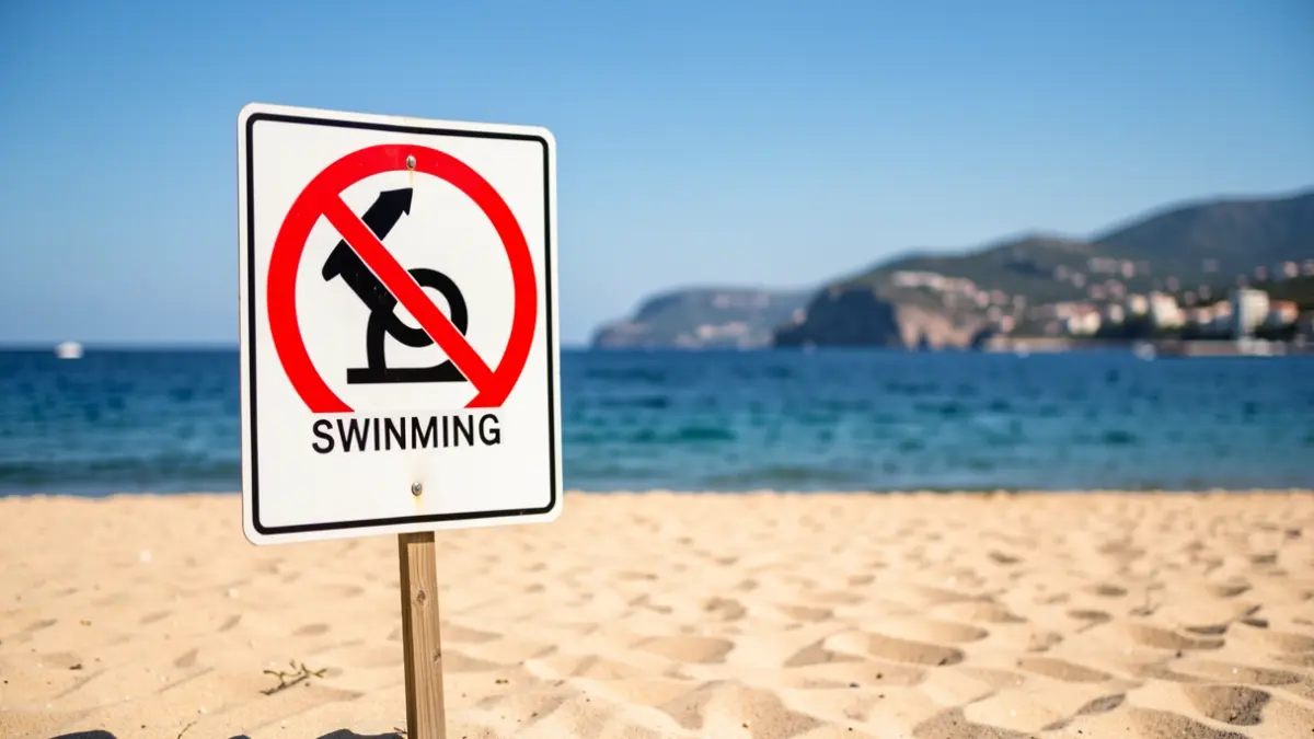 Imatge genèrica d'un cartell de prohibició de bany en una platja.