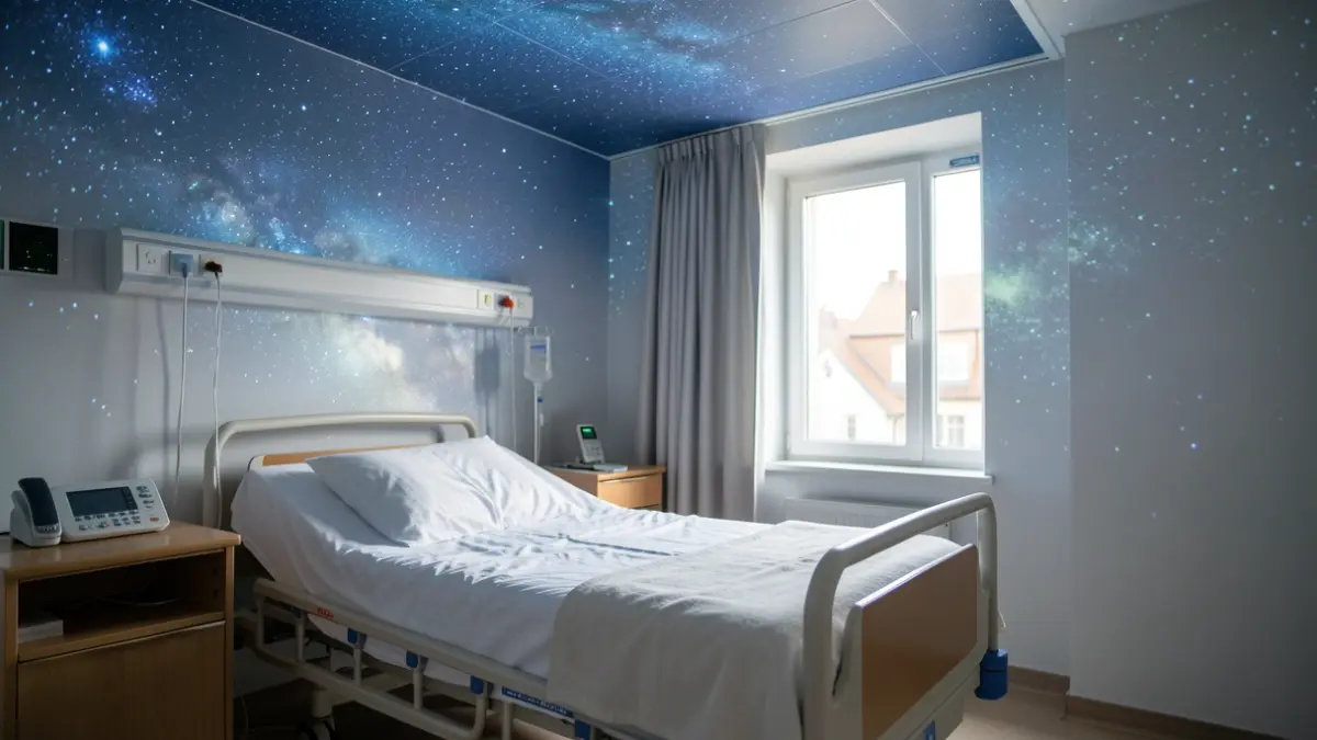 Imatge genèrica d'una habitació d'hospital amb projeccions d'un cel nocturn estrellat a les parets i el sostre.