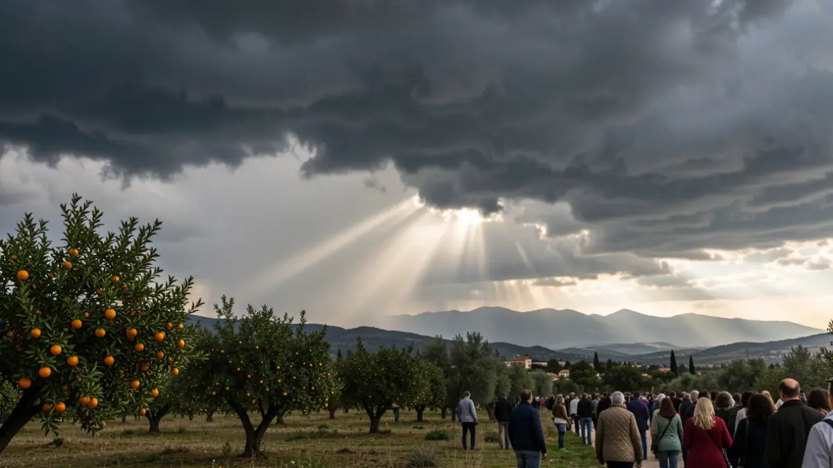 Generic image of a stormy sky over a Valencian landscape with orange trees.