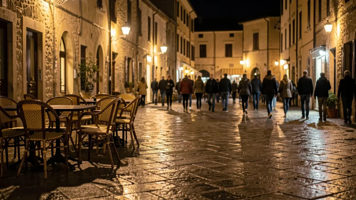 Imatge genèrica d'una plaça de poble valencià de nit amb els carrers mullats per la pluja.