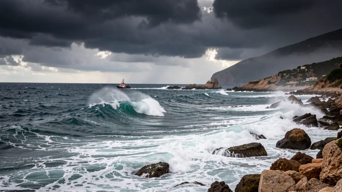 Imatge d'un temporal marítim amb ones trencant contra la costa de Xàbia.