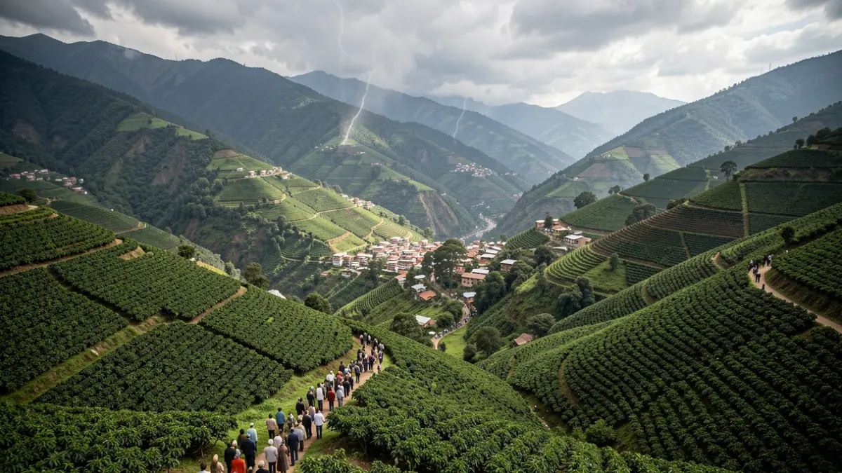 Generic image of a mountainous landscape with coffee plantations in Colombia.