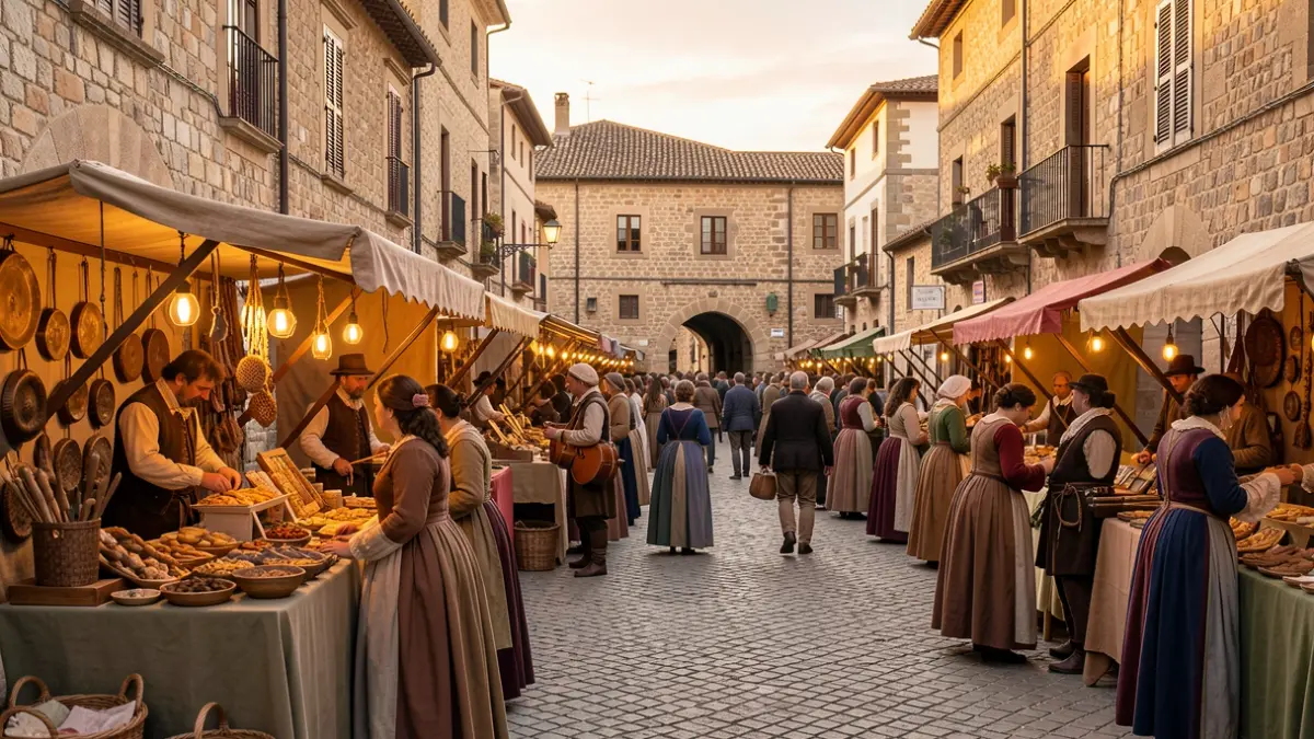 Generic image of a medieval market with crafts and music in a historic setting.
