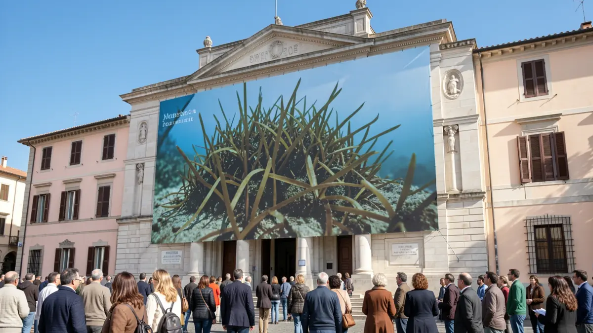 Imatge genèrica d'una lona sobre la Posidonia oceanica en la façana d'un ajuntament.