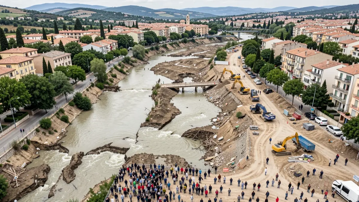 Aerial view of a damaged ravine and the urban area of Torrent after the DANA storm.
