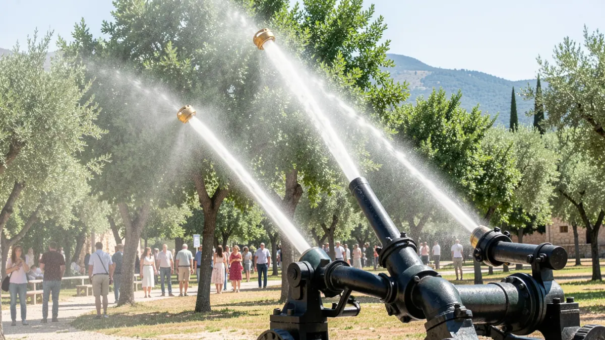 Generic image of water cannons spraying trees in a park.
