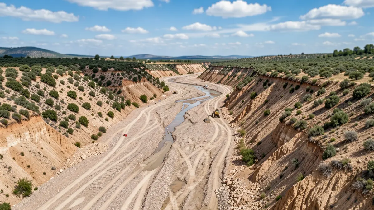 Imagen genérica de un barranco con márgenes erosionados y signos de reparación.