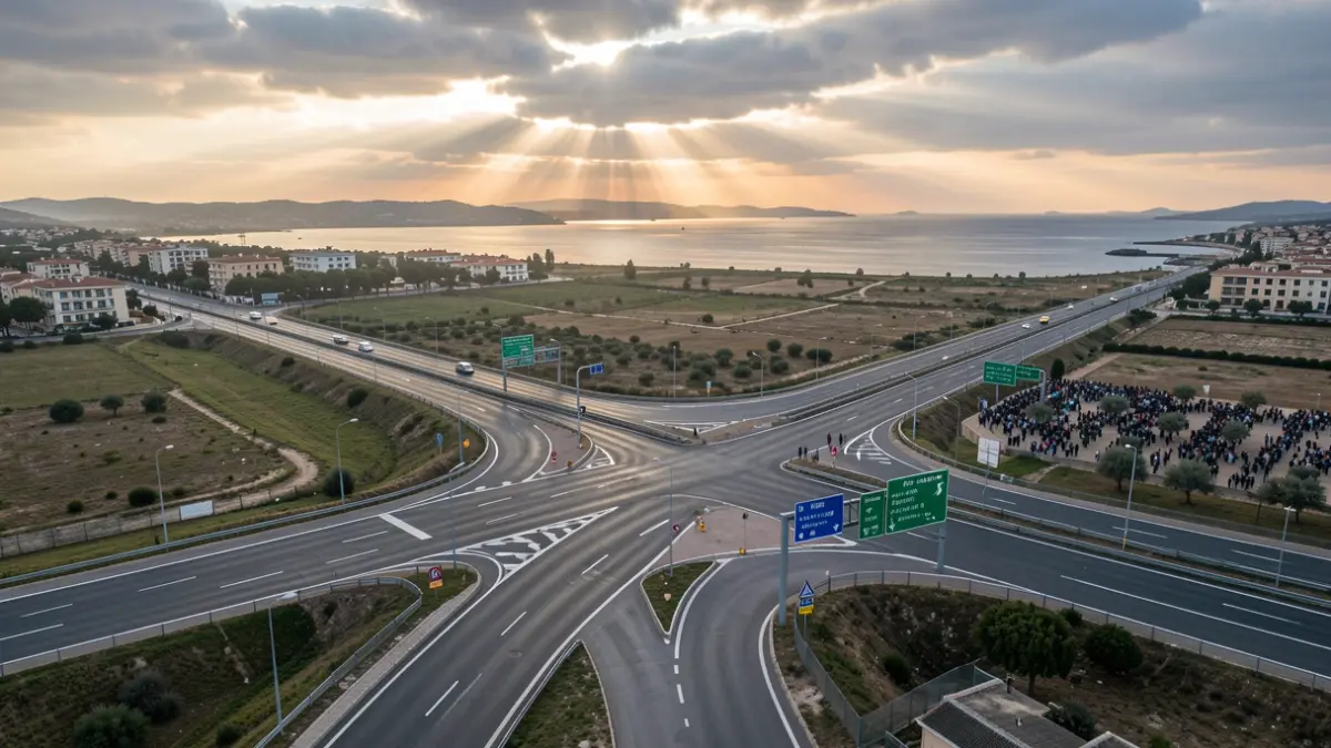 Generic image of a highway at dawn with Mediterranean landscape.