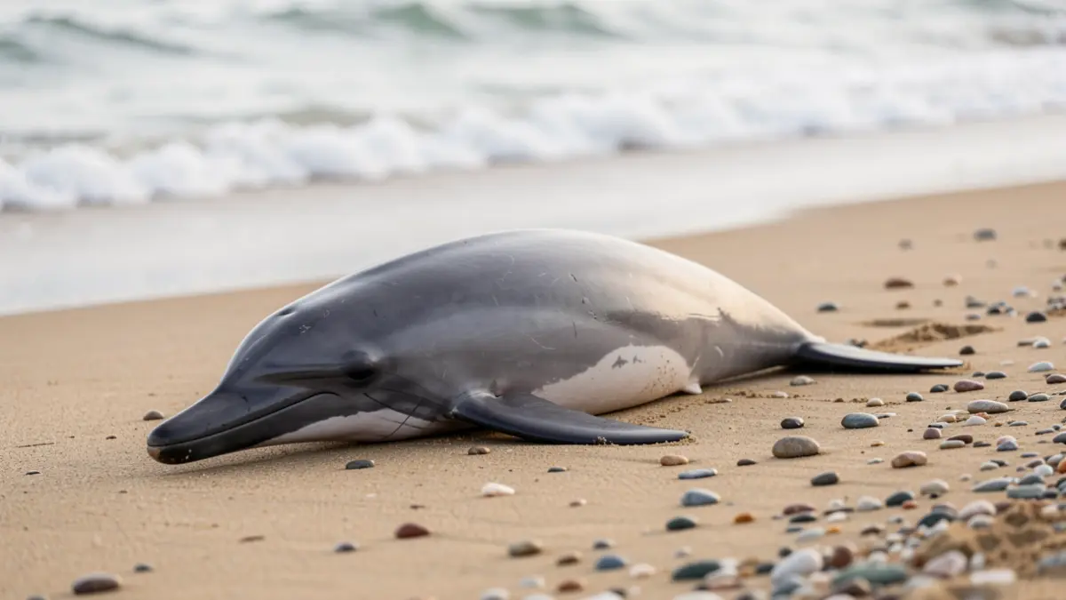 Generic image of a dead dolphin on the seashore of a Mediterranean beach.