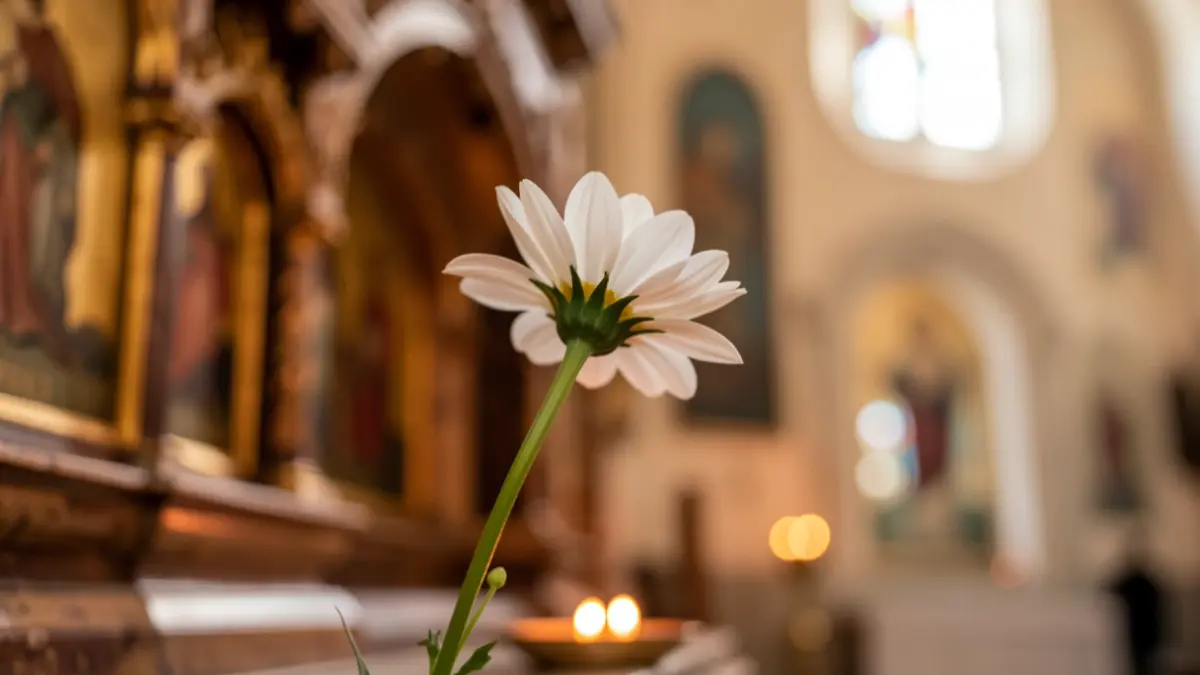 Image of a flower being placed in a religious shrine.