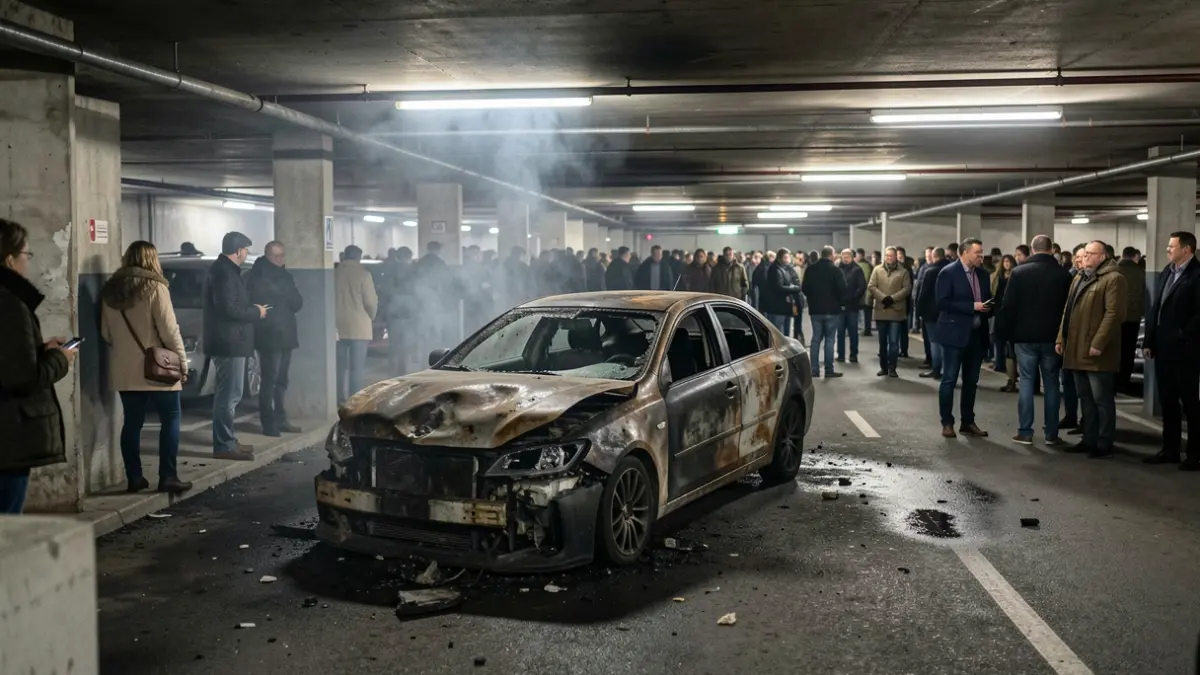 Imatge genèrica d'un cotxe cremat en un pàrquing subterrani.
