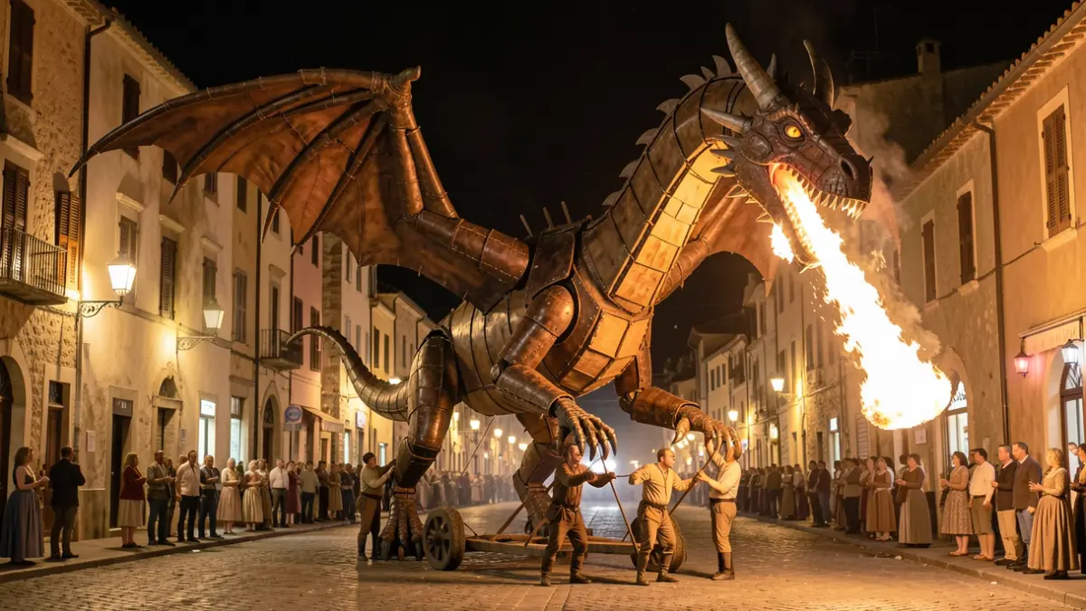 Image of a large articulated dragon breathing fire through the streets of Sagunt, controlled by four people.