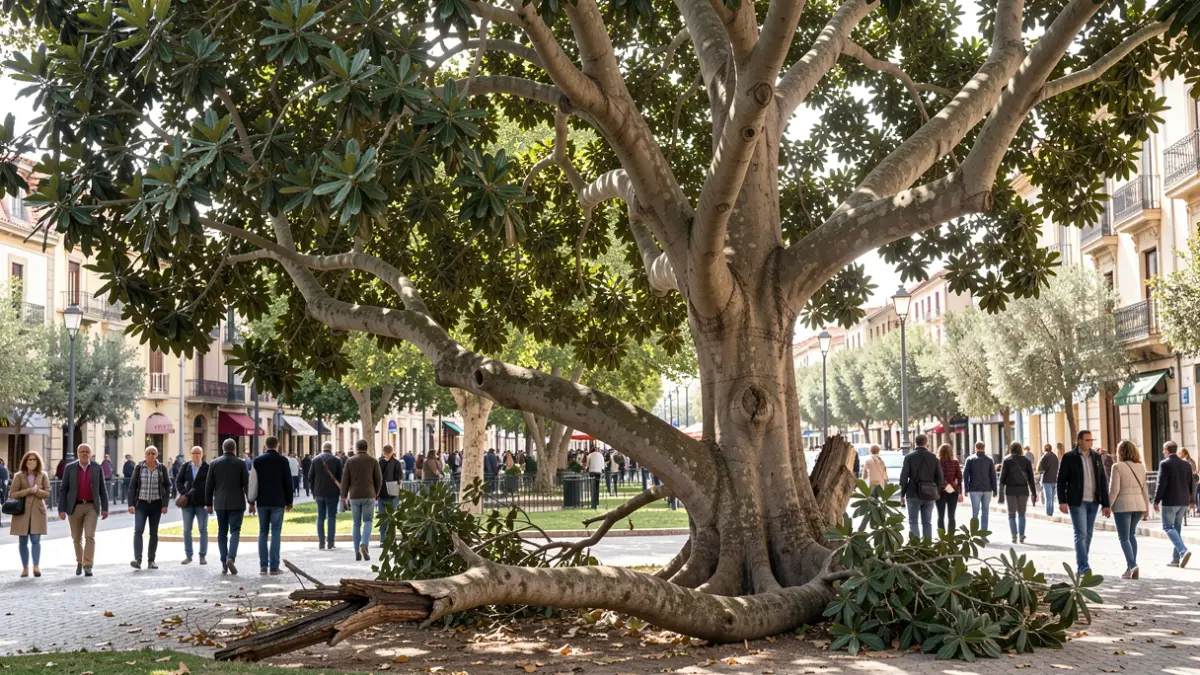 Imatge genèrica d'un gran ficus amb una branca trencada al terra.