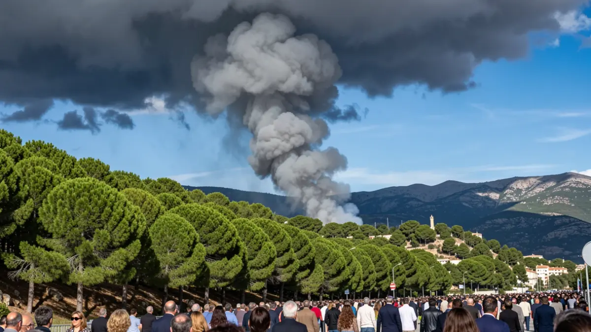 Column of smoke over a forest mountain during a storm in the Marina Alta.