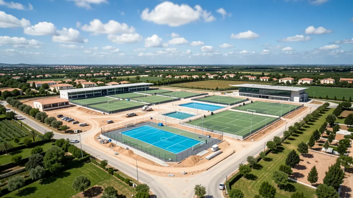 Generic image of a large sports complex under construction in a Mediterranean setting.