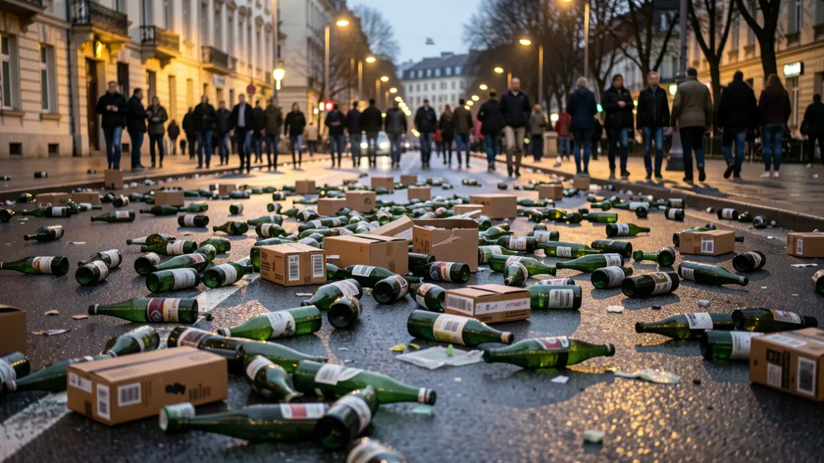 Image of a large quantity of scattered and broken soda boxes on a wet road.
