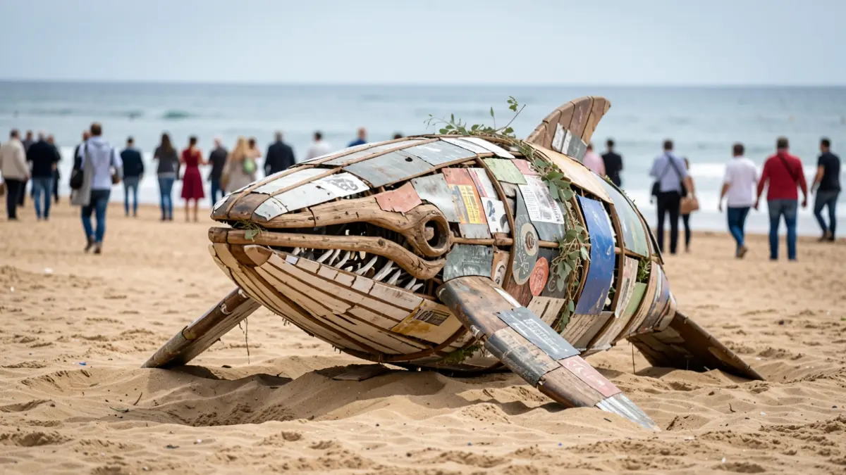 Image of a large whale sculpture made of recycled materials and real bones on a beach in Castellón.