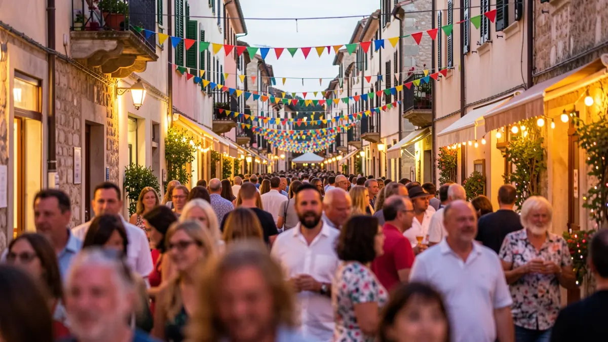 Generic image of a popular festival in a Mediterranean town with decorations and people enjoying themselves.