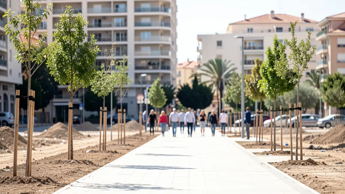 Obres d'urbanització en una zona residencial de València amb espais per als vianants i arbratge.