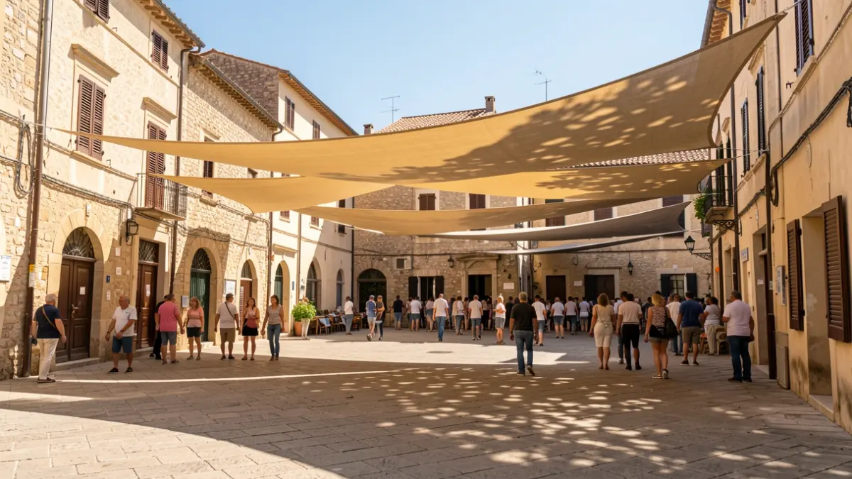 Imagen genérica de toldos instalados en una plaza de València para combatir el calor.