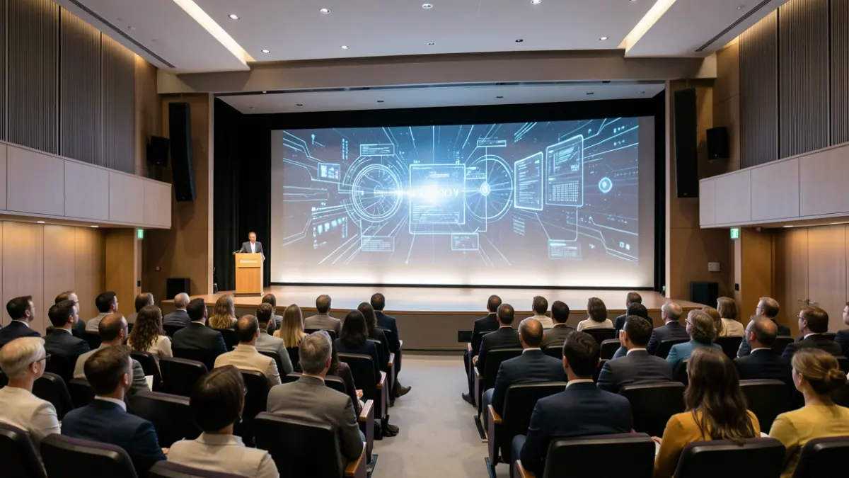 Imatge genèrica d'un auditori amb gràfics de realitat augmentada integrats en la projecció.