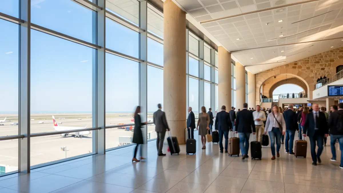 Generic image of a modern airport with a blue sky.