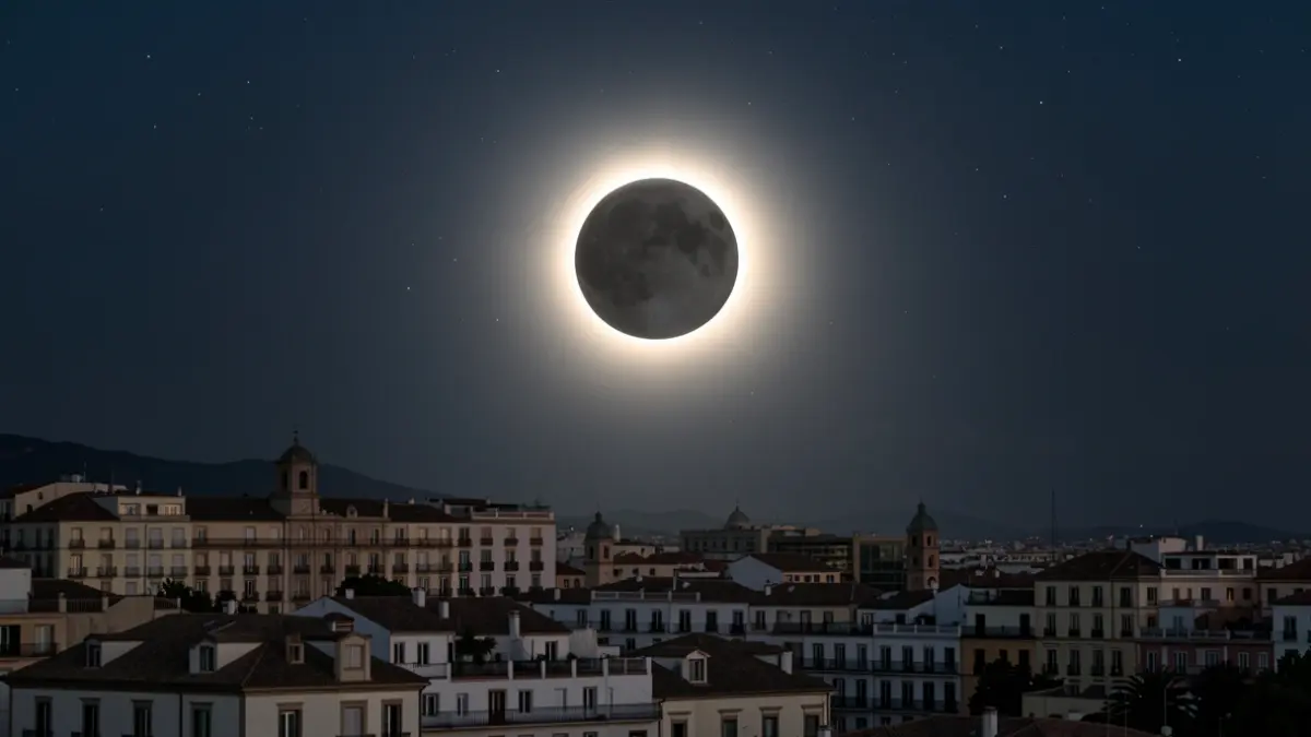 Imatge genèrica d'un eclips solar total sobre la ciutat de València.